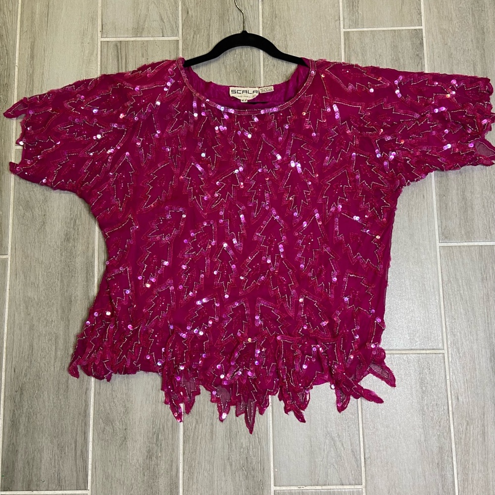 Pure Silk Sequun vintage Scala Milano Paris La sequin beaded hot pink shirt